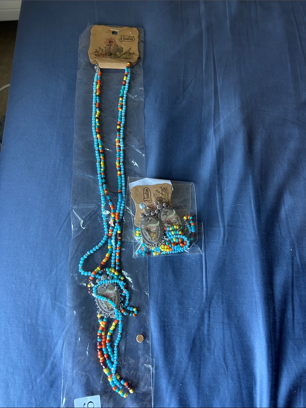 Justin Boots Turquoise Multi-Color Beaded Fringe Necklace and Earrings Set - Picture 2 of 3